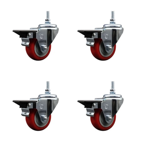Service Caster 3 Inch Red Polyurethane 38 Inch Threaded Stem Caster Set with Brake SCC-TS20S314-PPUB-RED-PLB-381615-4